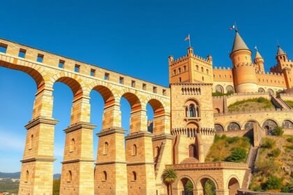 Római vízvezeték és Alcázar kastély Segoviában, Spanyolországban.