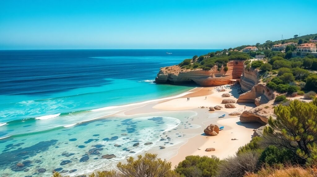 Menorca érintetlen strandja kristálytiszta vízzel és sziklás parttal.