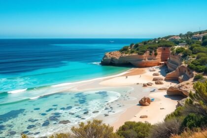 Menorca érintetlen strandja kristálytiszta vízzel és sziklás parttal.
