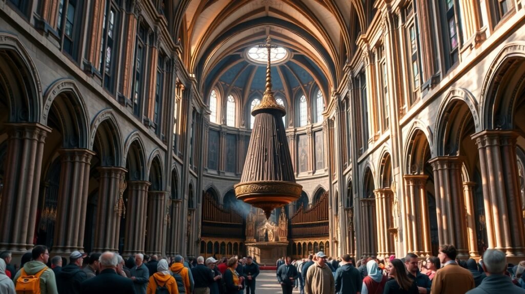 A Botafumeiro füstölő a Santiago de Compostela katedrálisában, zarándokokkal.