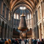 A Botafumeiro füstölő a Santiago de Compostela katedrálisában, zarándokokkal.