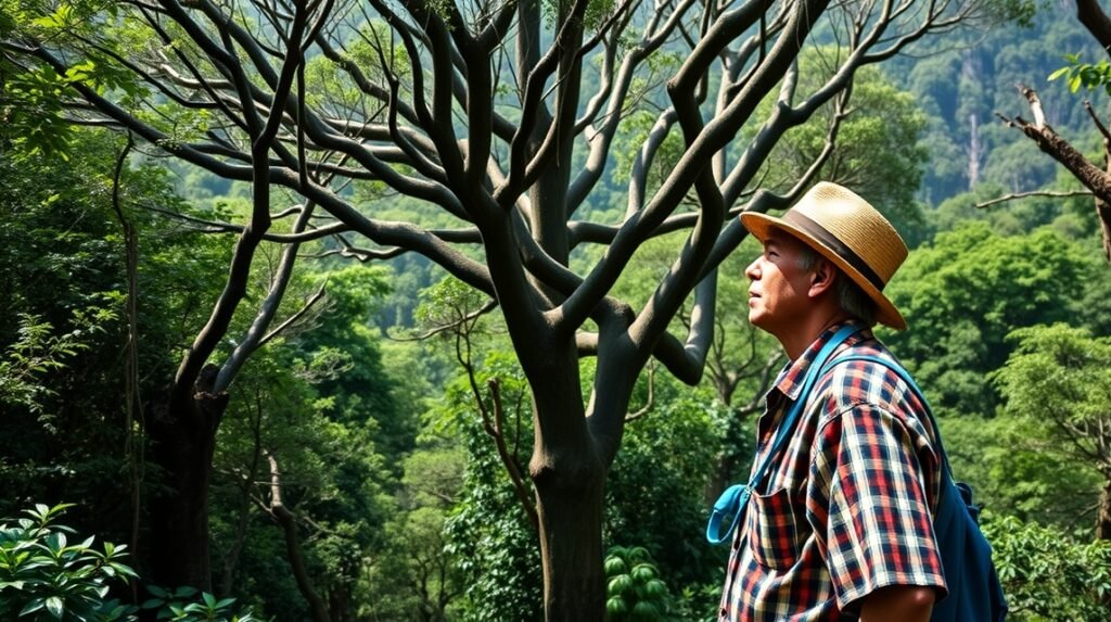 Férfi a babérerdőben La Gomera szigetén, természetes környezetben