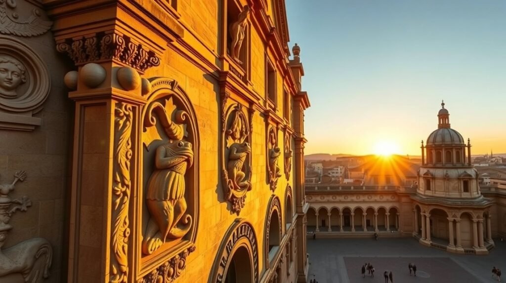 Salamanca egyetem homlokzata naplementében, békákkal és díszes építészettel.