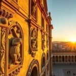 Salamanca egyetem homlokzata naplementében, békákkal és díszes építészettel.