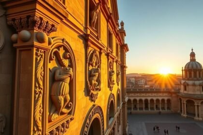 Salamanca egyetem homlokzata naplementében, békákkal és díszes építészettel.