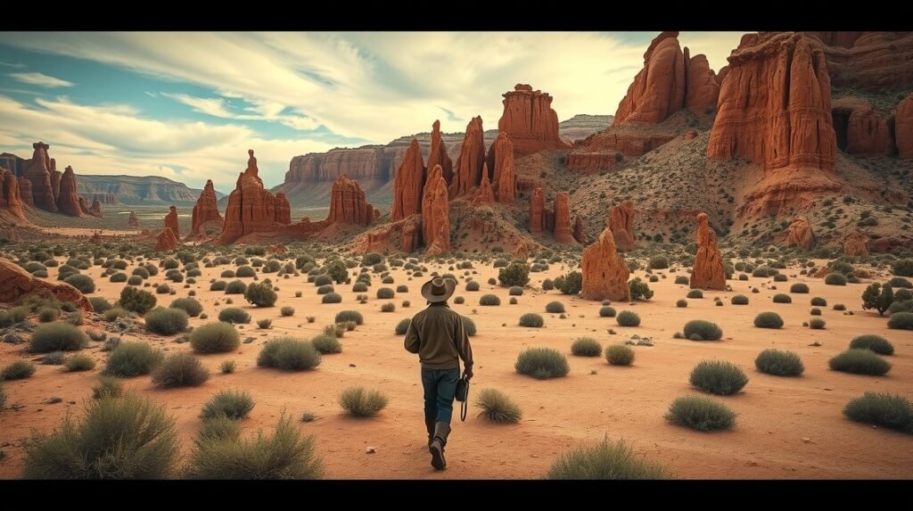 Férfi sétál a Bardenas Reales sivatagában Navarrában