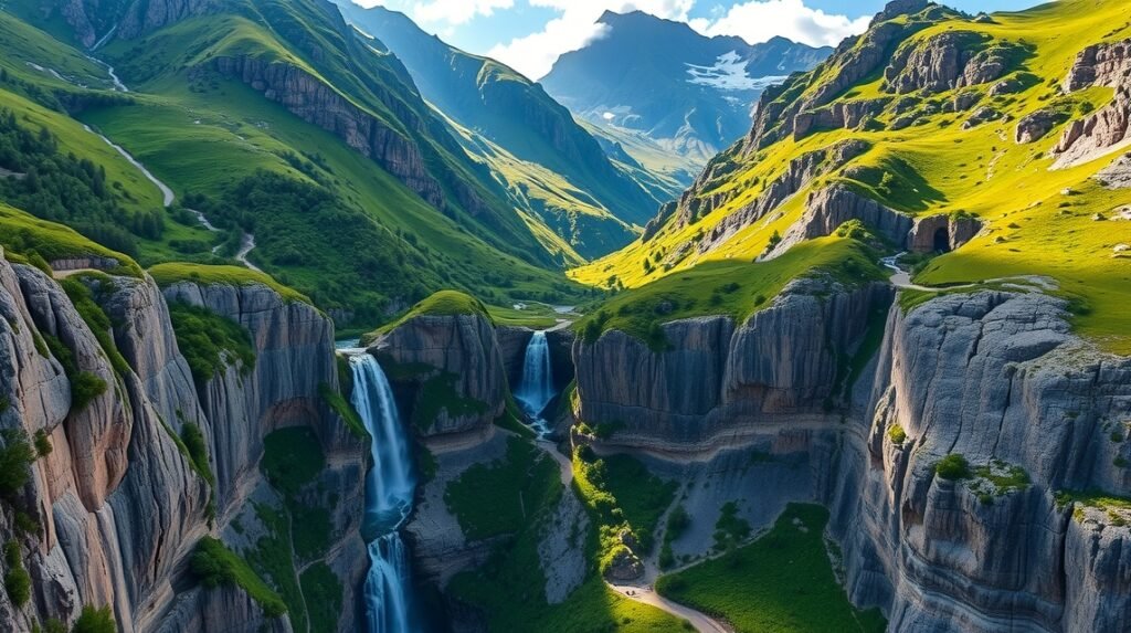 Panoráma az Ordesa völgyéről vízesésekkel és zöld dombokkal