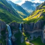 Panoráma az Ordesa völgyéről vízesésekkel és zöld dombokkal