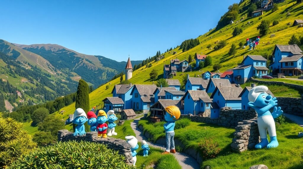 Júzcar kék falucska a Hupikék Törpikék figuráival