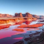 A Rio Tinto vörös folyó látképe Spanyolországban, geológiai érdekességek.