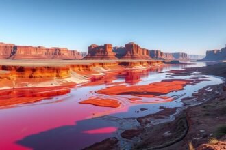 A Rio Tinto vörös folyó látképe Spanyolországban, geológiai érdekességek.