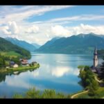 Panorámás kilátás a Brienzi-tóra és Iseltwald falura Svájcban.