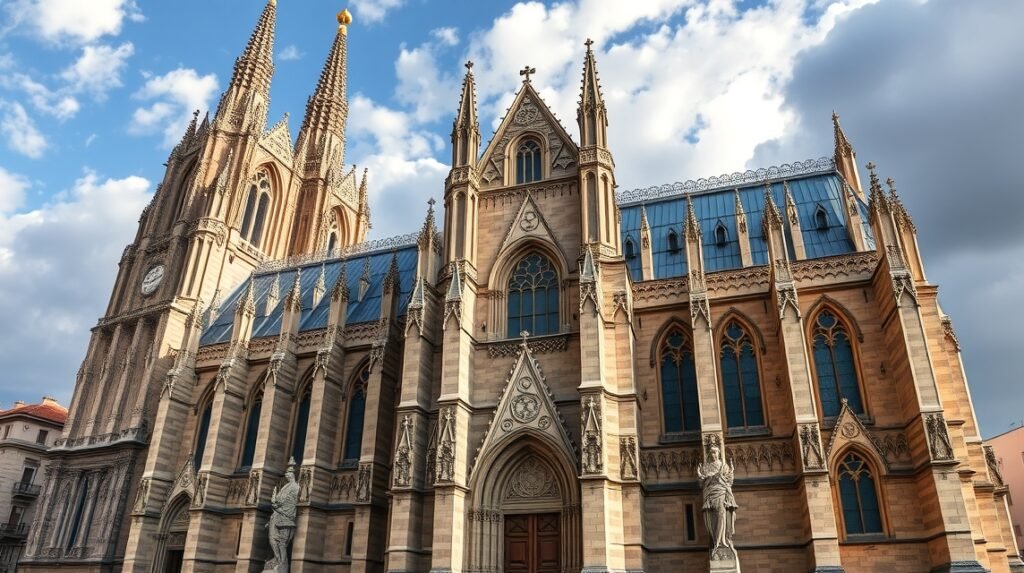 A Burgos katedrális gótikus építészeti részletei és támpillérei