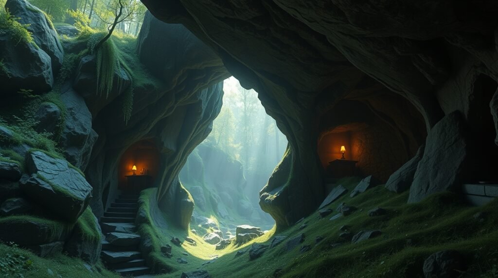 Zugarramurdi barlangja, zöldellő növényzettel és titokzatos fénnyel.