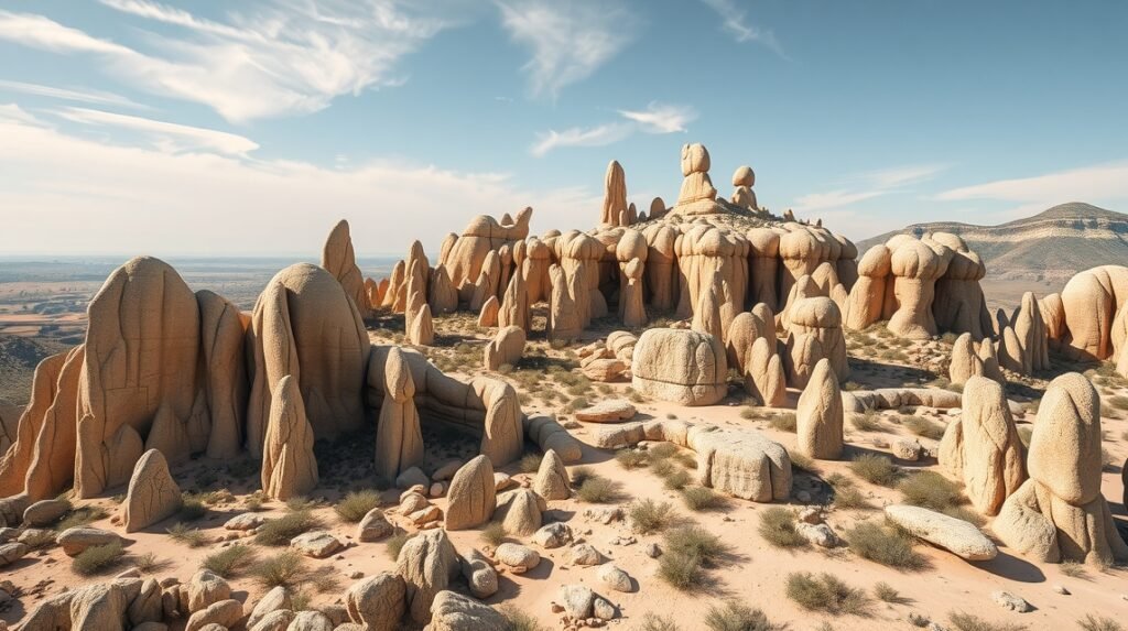 El Torcal különleges sziklaformái Andalúziában, gyönyörű tájjal.