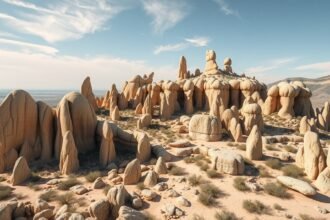 El Torcal különleges sziklaformái Andalúziában, gyönyörű tájjal.