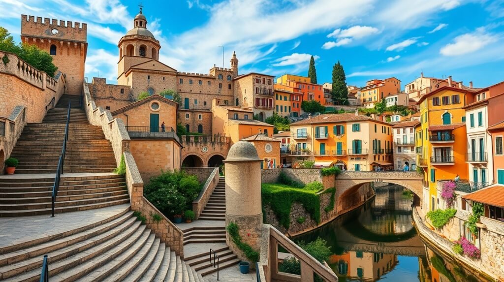 Girona város látképe, Trónok Harca lépcsőivel és színes házakkal az Onyar folyónál.