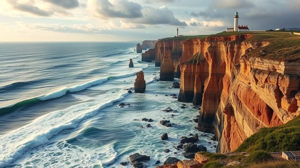 Panoráma a Costa da Morte szikláiról és világítótornyáról Galíciában