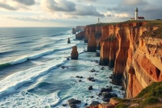 Panoráma a Costa da Morte szikláiról és világítótornyáról Galíciában