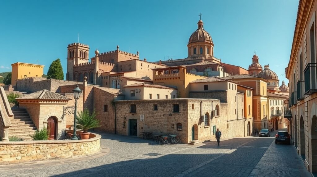 Cáceres, a középkori kőváros látképe modern épületekkel és macskakövekkel.