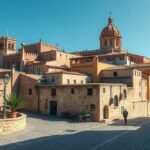 Cáceres, a középkori kőváros látképe modern épületekkel és macskakövekkel.