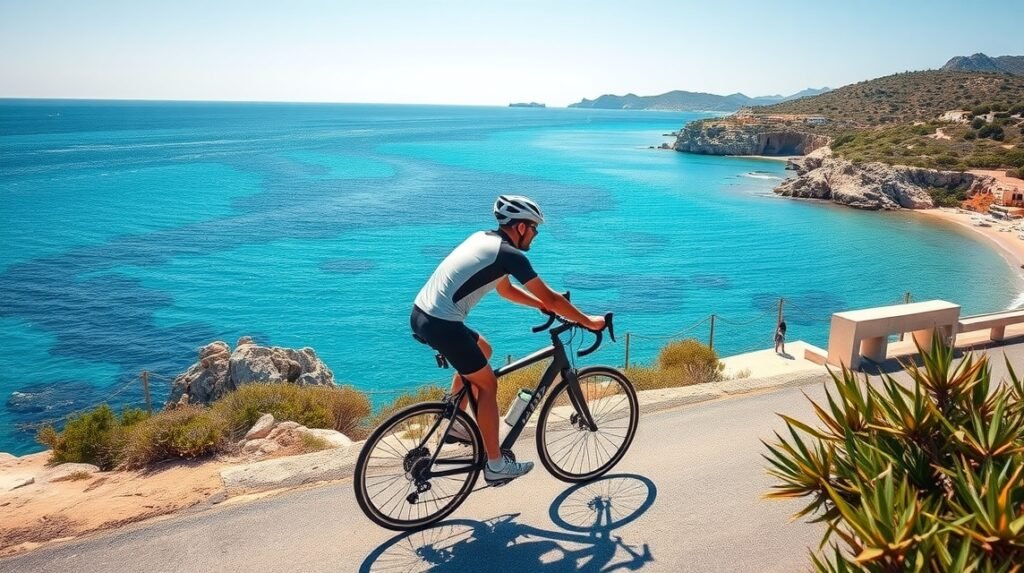 Kerékpáros Formenterán, a tenger kék vize mellett