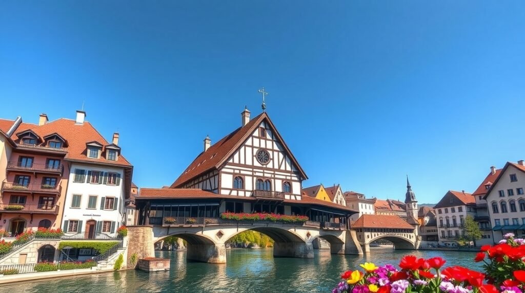 Kapellbrücke és a bájos óvárosi házak Luzernben, Svájcban