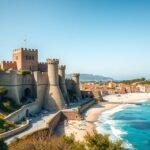 Középkori várfalak Tossa de Mar partján, kristálytiszta víz mellett.