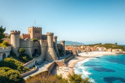 Középkori várfalak Tossa de Mar partján, kristálytiszta víz mellett.