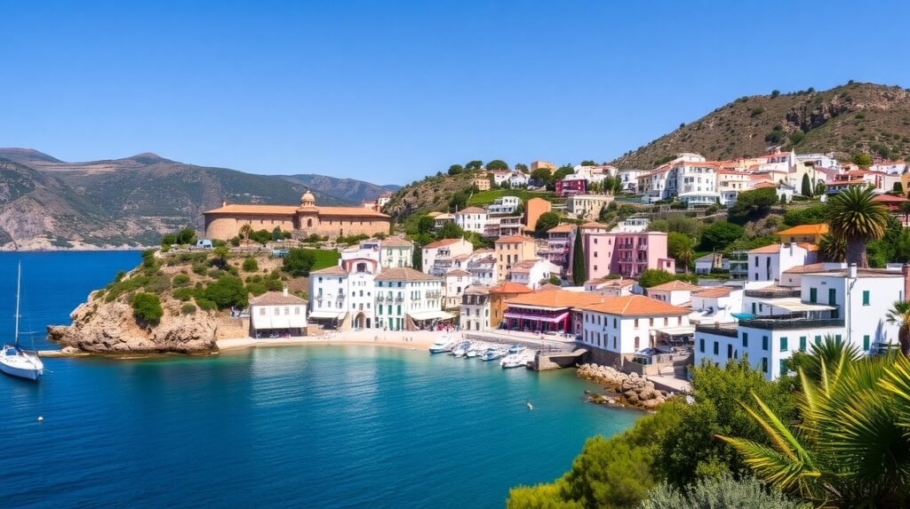 Cadaqués festői öble a fehér falú házakkal és a tengerrel.