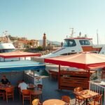 Cambrils kikötői éttermek tengerparti terasszal és hajókkal