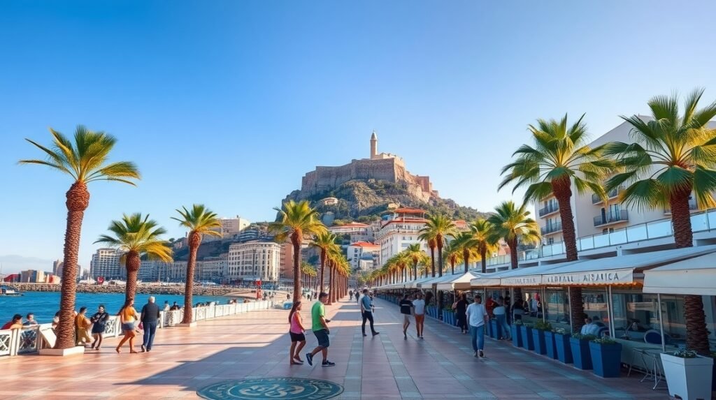 Alicante város látképe az Esplanada mozaikos sétányán pálmafákkal.