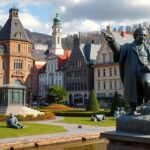 Bern város főterén található szobor és épületek