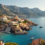 Jávea luxusvillái a Montgó-hegy lábánál, türkizkék öbölben.