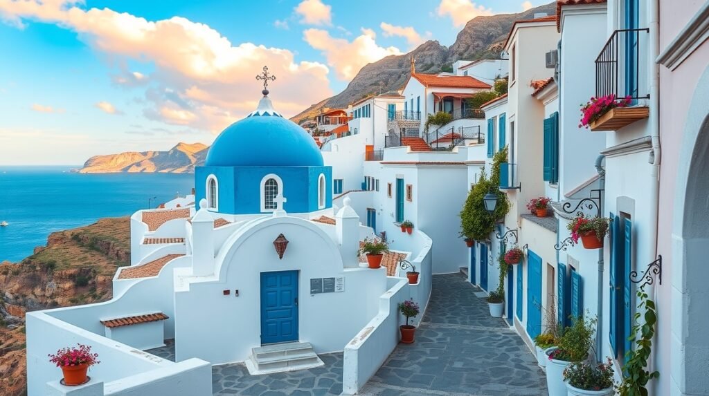 Fehérre meszelt sikátorok és kék kupolás templom Altea városában, Spanyolországban.