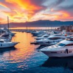 Lenyűgöző naplemente a Puerto Banús kikötőjében luxusjachtokkal.