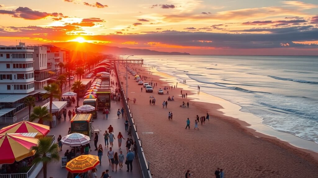Napsütés a Torremolinos tengerpartján, emberek sétálnak és pihennek.