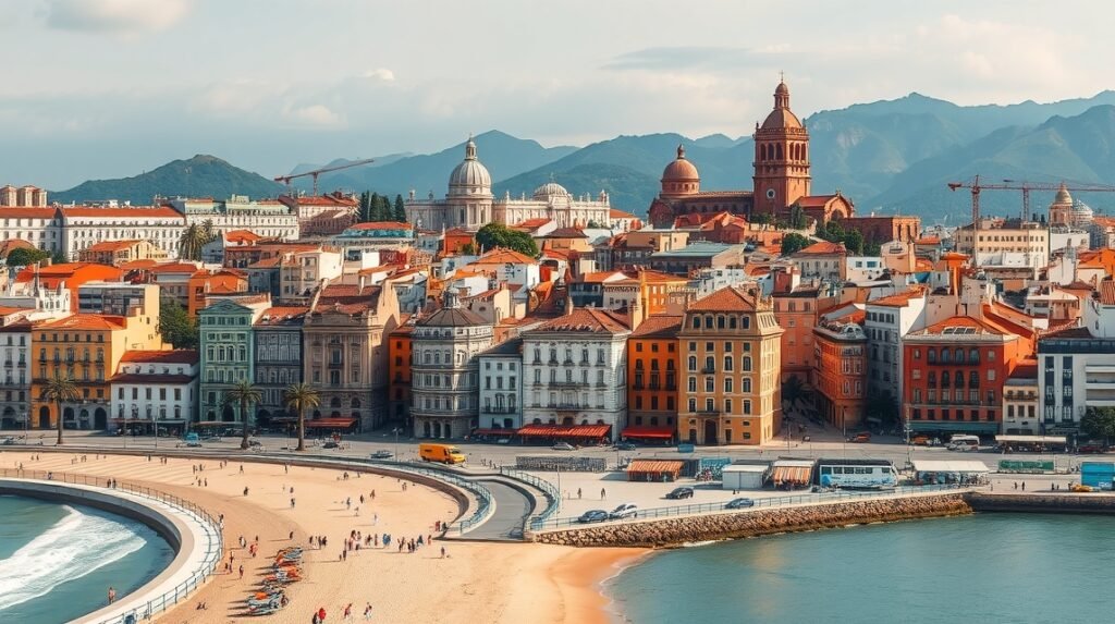 Málaga tengerparti városkép, színes épületekkel és hegyekkel a háttérben