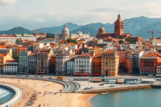 Málaga tengerparti városkép, színes épületekkel és hegyekkel a háttérben