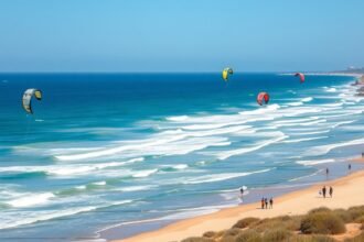 Sárkányrepülők a Tarifa partján, Földközi-tenger és Atlanti-óceán találkozásánál.