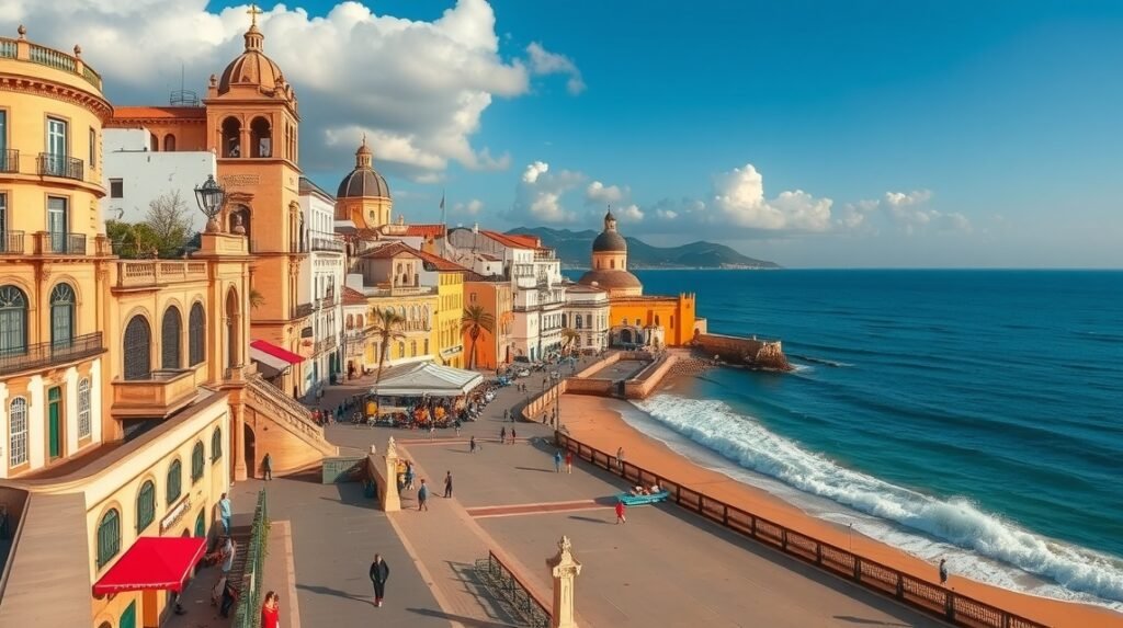 Cádiz tengerparti városképe, La Caleta strand és épületek
