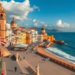 Cádiz tengerparti városképe, La Caleta strand és épületek