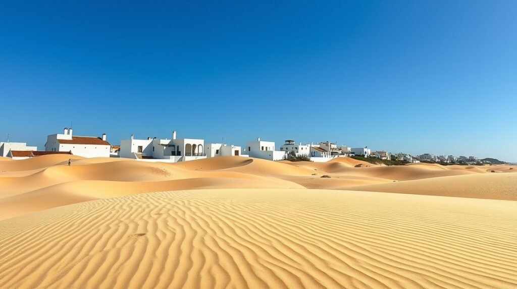 Conil de la Frontera fehér falujának háttérben aranyhomokos dűnék