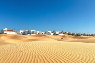 Conil de la Frontera fehér falujának háttérben aranyhomokos dűnék