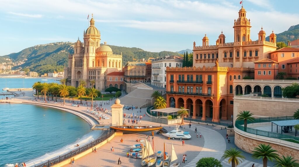 Palma de Mallorca városkép gótikus építészeti részletekkel és tengerparttal