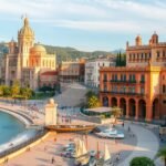 Palma de Mallorca városkép gótikus építészeti részletekkel és tengerparttal