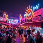 Fiatalok élvezik Magaluf éjszakai életét neonfények között.