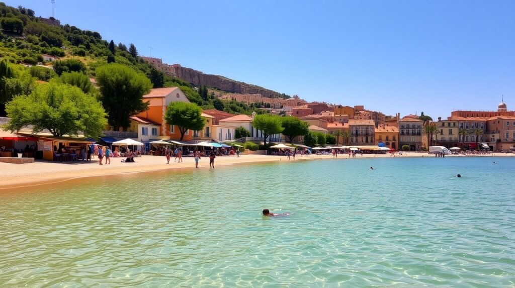 Alcúdia homokos tengerpartja és középkori óvárosa Mallorcán