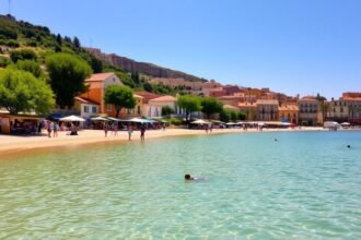 Alcúdia homokos tengerpartja és középkori óvárosa Mallorcán