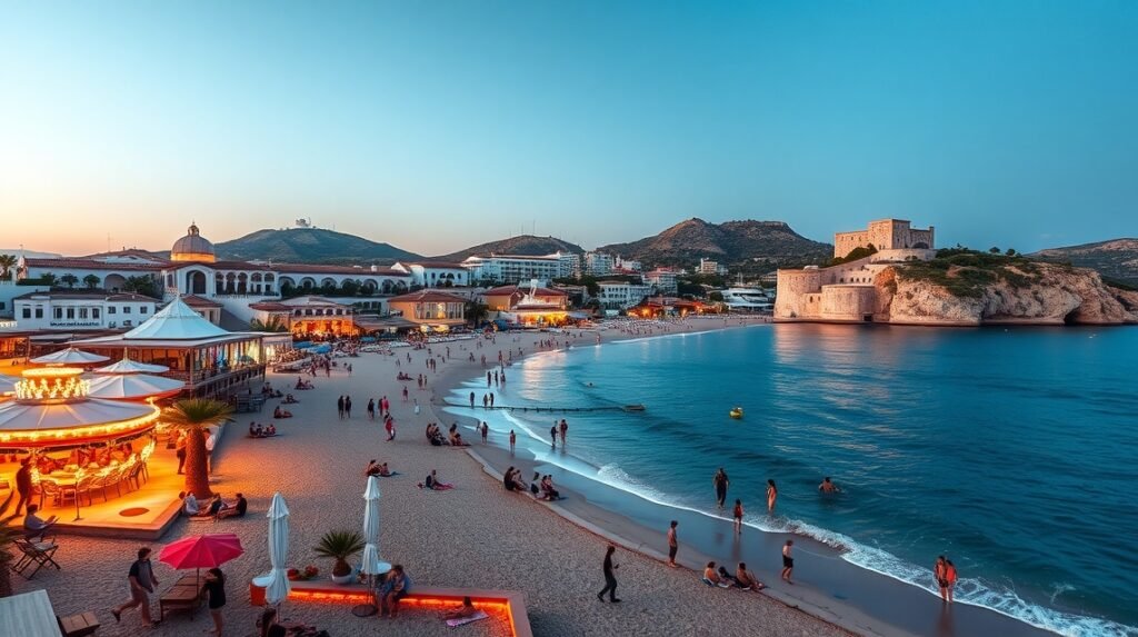 Playa d'en Bossa tengerparti naplemente és szórakozás